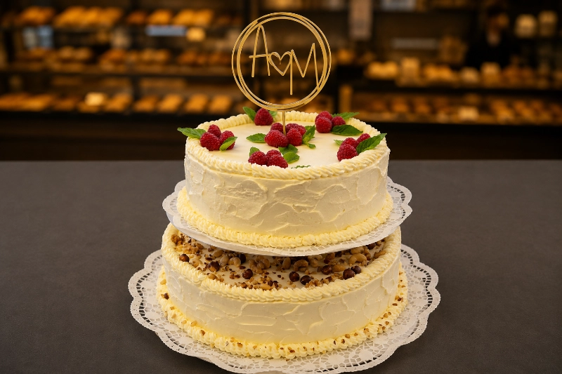 Individuelle Hochzeitstorte von der Bäckerei Weindl mit Himbeeren und Nüssen
